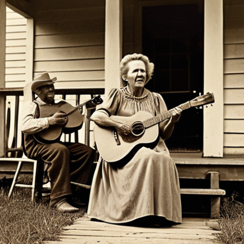 Home 19 **
A sepia-toned photo evoking early 20th century American South. Focus on a porch scene with a woman (resembling a grandmother) singing while holding a guitar, surrounded by family. Fields and simple farm life are visible in the background. Capture the feeling of early country music roots, blending folk, blues, and gospel influences. Include period-appropriate attire.
**
