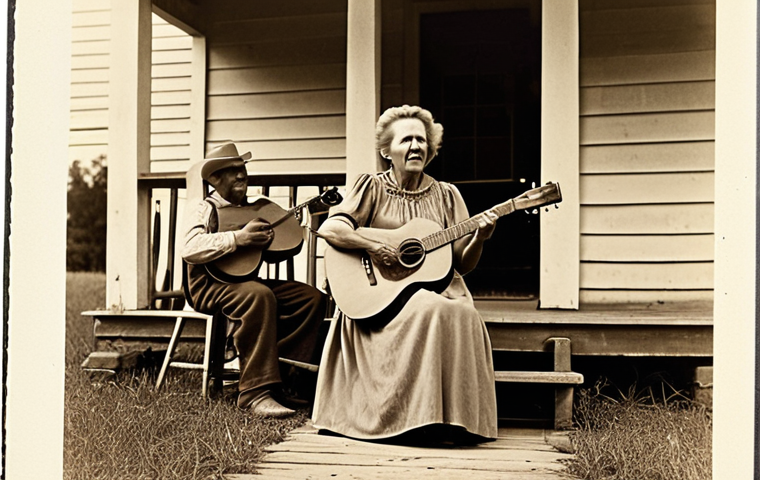 **

A sepia-toned photo evoking early 20th century American South. Focus on a porch scene with a woman (resembling a grandmother) singing while holding a guitar, surrounded by family. Fields and simple farm life are visible in the background. Capture the feeling of early country music roots, blending folk, blues, and gospel influences. Include period-appropriate attire.

**