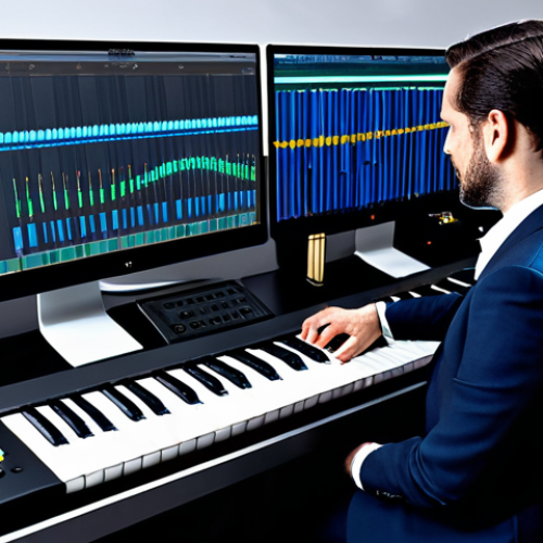 Home 18 **Prompt:** A focused male composer in his mid-30s, dressed in a professional, modest suit, seated at a sophisticated music workstation. The workstation seamlessly blends a classic grand piano keyboard with an advanced modular synthesizer setup and multiple digital screens displaying intricate audio waveforms. Sheet music rests on a stand next to the modern equipment. The background suggests a contemporary yet elegant studio, with subtle nods to classical architecture and sleek, minimalist design. The lighting is cinematic, highlighting the vibrant colors of the digital interfaces and the rich textures of the instruments. The image captures a moment of deep creativity and innovation, portraying a blend of traditional artistry and cutting-edge technology. safe for work, appropriate content, fully clothed, professional dress, perfect anatomy, correct proportions, natural pose, well-formed hands, proper finger count, natural body proportions.