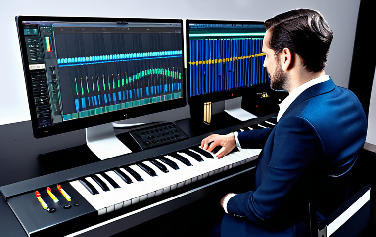**Prompt:** A focused male composer in his mid-30s, dressed in a professional, modest suit, seated at a sophisticated music workstation. The workstation seamlessly blends a classic grand piano keyboard with an advanced modular synthesizer setup and multiple digital screens displaying intricate audio waveforms. Sheet music rests on a stand next to the modern equipment. The background suggests a contemporary yet elegant studio, with subtle nods to classical architecture and sleek, minimalist design. The lighting is cinematic, highlighting the vibrant colors of the digital interfaces and the rich textures of the instruments. The image captures a moment of deep creativity and innovation, portraying a blend of traditional artistry and cutting-edge technology. safe for work, appropriate content, fully clothed, professional dress, perfect anatomy, correct proportions, natural pose, well-formed hands, proper finger count, natural body proportions.