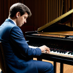 A professional male musician in a modest, elegant suit, sitting thoughtfully at a vintage grand piano within a dimly lit recording studio. Musical scores and handwritten notes are scattered across the piano and a small table beside him, suggesting a complex composition in progress. The studio features classic analog equipment in the background. The lighting is soft and focused, highlighting the musician's creative concentration. Perfect anatomy, correct proportions, natural pose, well-formed hands, proper finger count, natural body proportions. Fully clothed, appropriate attire, professional dress, safe for work, appropriate content, professional, family-friendly.