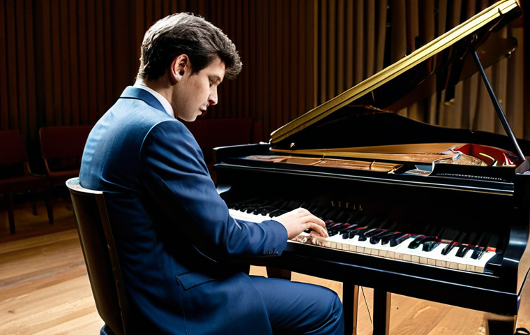 A professional male musician in a modest, elegant suit, sitting thoughtfully at a vintage grand piano within a dimly lit recording studio. Musical scores and handwritten notes are scattered across the piano and a small table beside him, suggesting a complex composition in progress. The studio features classic analog equipment in the background. The lighting is soft and focused, highlighting the musician's creative concentration. Perfect anatomy, correct proportions, natural pose, well-formed hands, proper finger count, natural body proportions. Fully clothed, appropriate attire, professional dress, safe for work, appropriate content, professional, family-friendly.