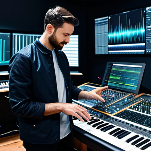 Home 8 A professional male music producer in his early 30s, wearing modest, modern professional attire, like a stylish jacket over a plain shirt. He is inside a cutting-edge, minimalist music production studio, featuring sleek digital audio workstations (DAWs) and holographic displays. Abstract, glowing sound waves emanate from a central console, suggesting AI-driven composition. He is in a focused, natural pose, one hand subtly interacting with a holographic interface, conveying a sense of collaborative creativity with technology. professional photography, high resolution, perfect anatomy, correct proportions, well-formed hands, proper finger count, natural body proportions, safe for work, appropriate content, fully clothed, modest clothing, family-friendly.