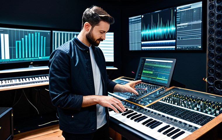 A professional male music producer in his early 30s, wearing modest, modern professional attire, like a stylish jacket over a plain shirt. He is inside a cutting-edge, minimalist music production studio, featuring sleek digital audio workstations (DAWs) and holographic displays. Abstract, glowing sound waves emanate from a central console, suggesting AI-driven composition. He is in a focused, natural pose, one hand subtly interacting with a holographic interface, conveying a sense of collaborative creativity with technology. professional photography, high resolution, perfect anatomy, correct proportions, well-formed hands, proper finger count, natural body proportions, safe for work, appropriate content, fully clothed, modest clothing, family-friendly.