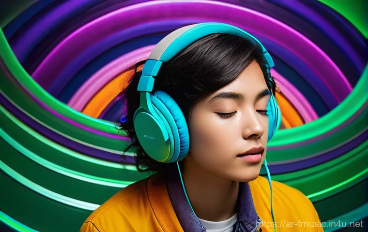 사이키델릭 록의 대표 아티스트와 곡 추천 - **Prompt:** A young person, comfortably seated and fully clothed in stylish, casual wear, wears head...