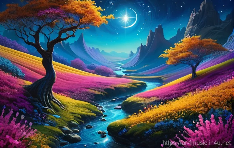 사이키델릭 록의 대표 아티스트와 곡 추천 - **Prompt:** A psychedelic rock band performs on a dimly lit stage, bathed in an intricate and dynami...