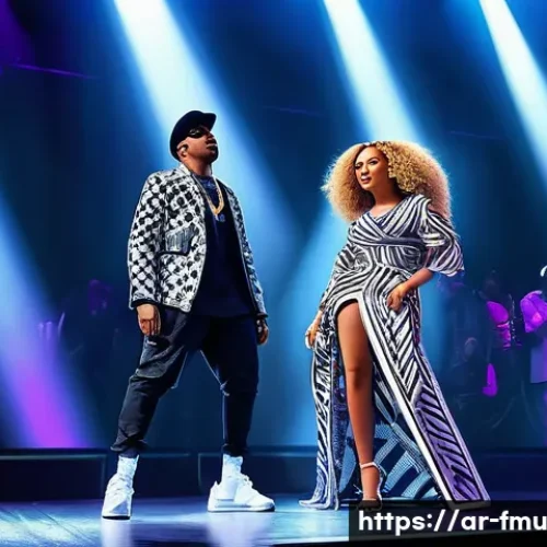 비욘세와 제이지의 콜라보 작업 분석 - A vibrant concert scene featuring two iconic African American musicians inspired by Beyonc&eacute; and Jay-...