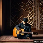 U2의 With or Without You 리릭 분석 - A deeply emotional Arabic man sitting alone in a dimly lit room, holding a vintage guitar, with expr...