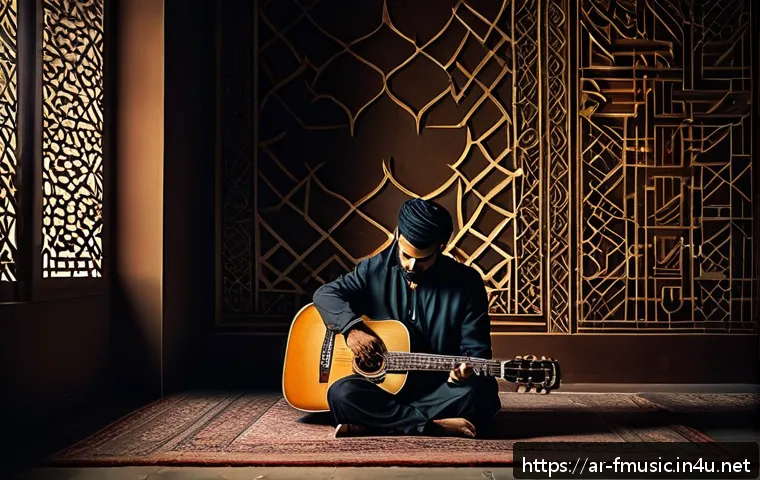 U2의 With or Without You 리릭 분석 - A deeply emotional Arabic man sitting alone in a dimly lit room, holding a vintage guitar, with expr...
