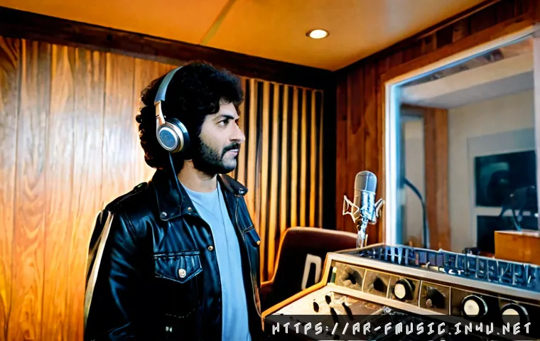 브루스 스프링스틴 Born to Run 녹음 비하인드 - Photorealistic 1970s recording studio behind-the-scenes scene, a hardworking American rock musician ...